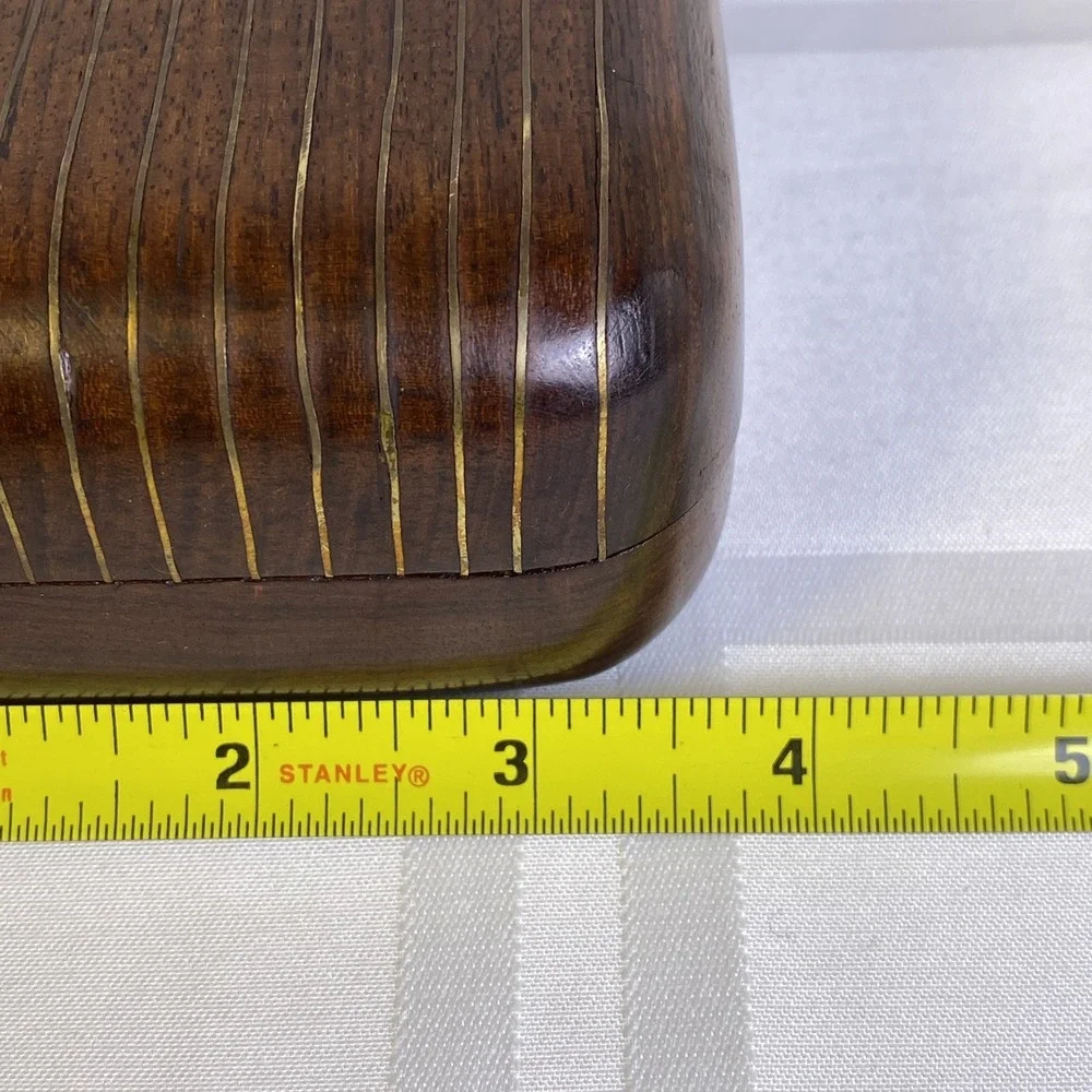 Hand‎ carved 2 piece wood box with metal hinge, hook and metal ribs on lid